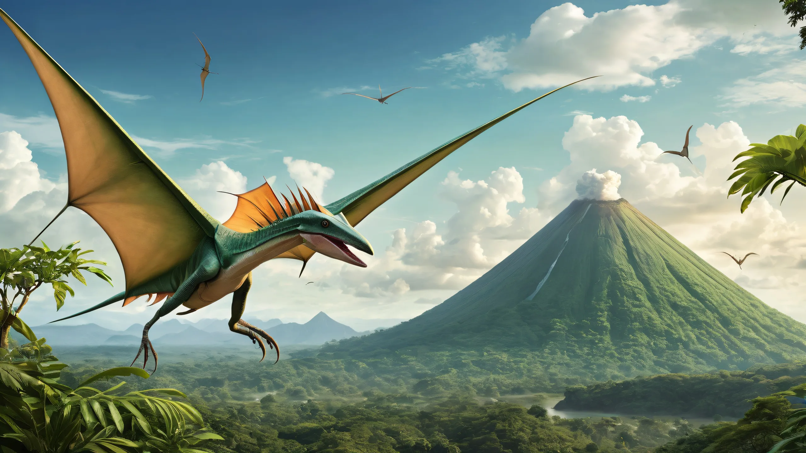 Breathtaking desktop wallpaper of Pteranodon Head set against a vast pure void with a distant volcano, perfect for Desktop/PC.