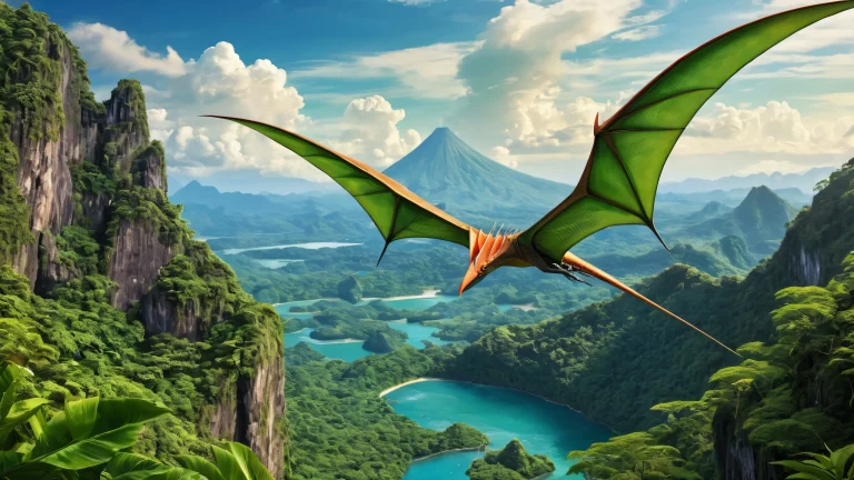 Pteranodon head in a vast, pure void with ancient jungles and a distant volcano on a Desktop/PC wallpaper.