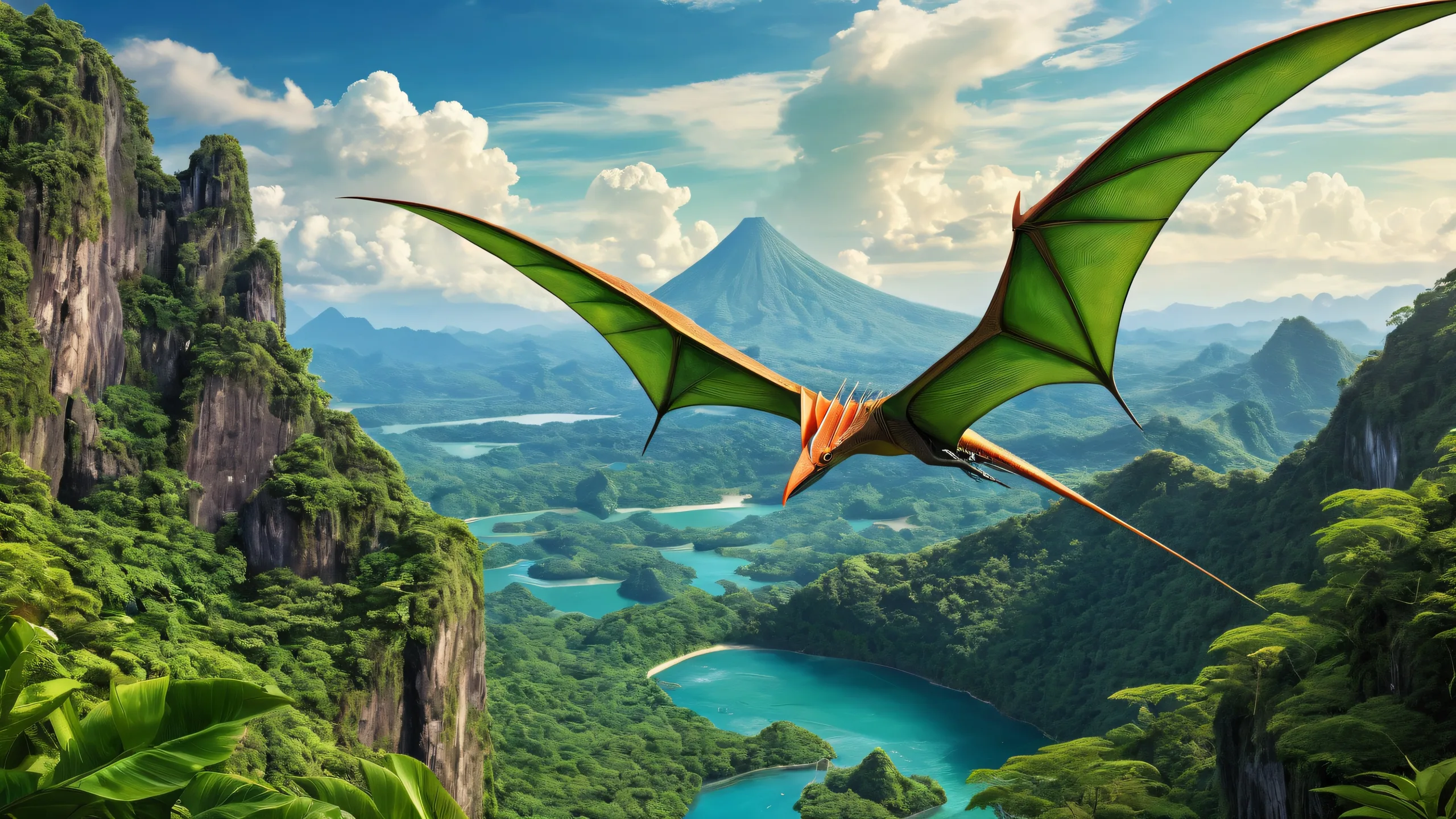 Pteranodon head in a vast, pure void with ancient jungles and a distant volcano on a Desktop/PC wallpaper.