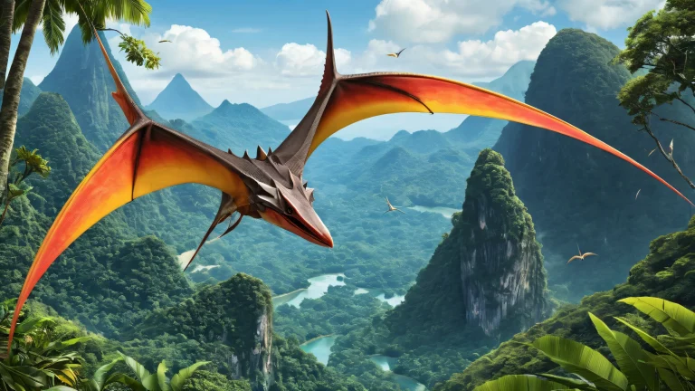 A stunning desktop image of a pteranodon head set against a vast, pure void of ancient jungle, with subtle hints of volcanic activity in the background. Suitable for Desktop/PC.