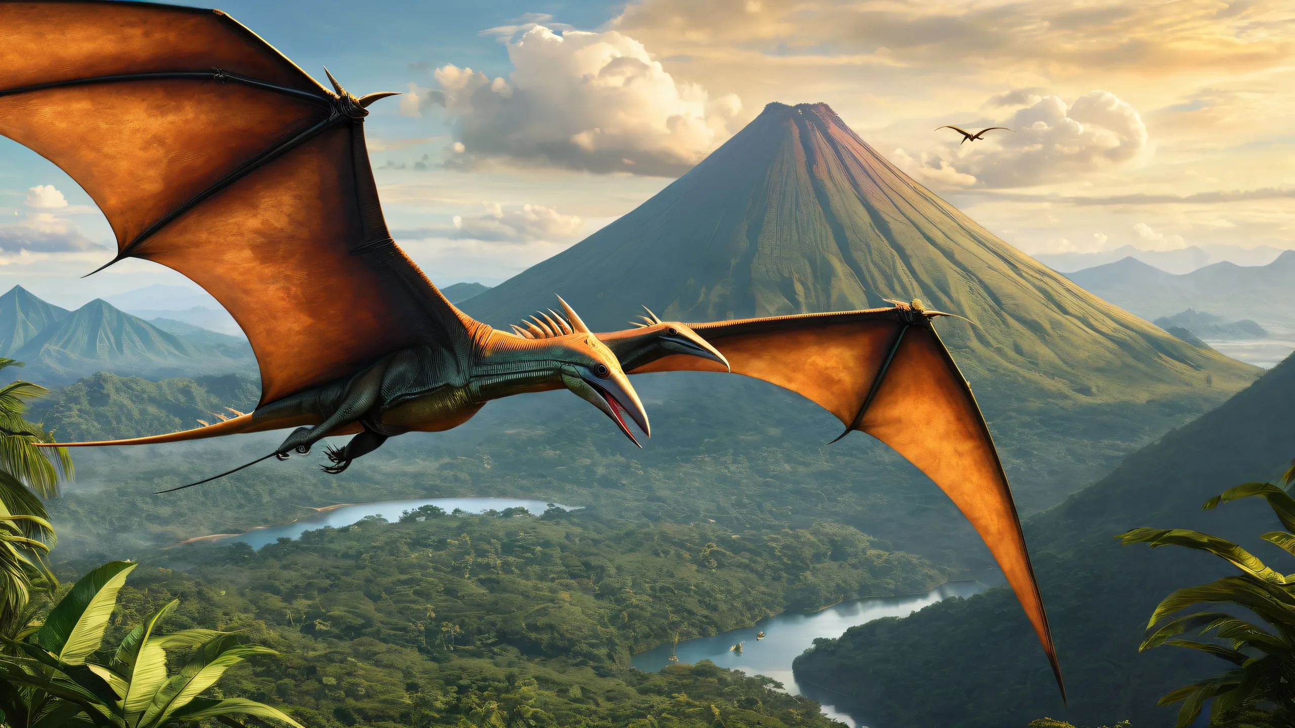 A majestic pteranodon head amidst a vast pure void, with a historic jungle and volcano in the background on a desktop/pc.