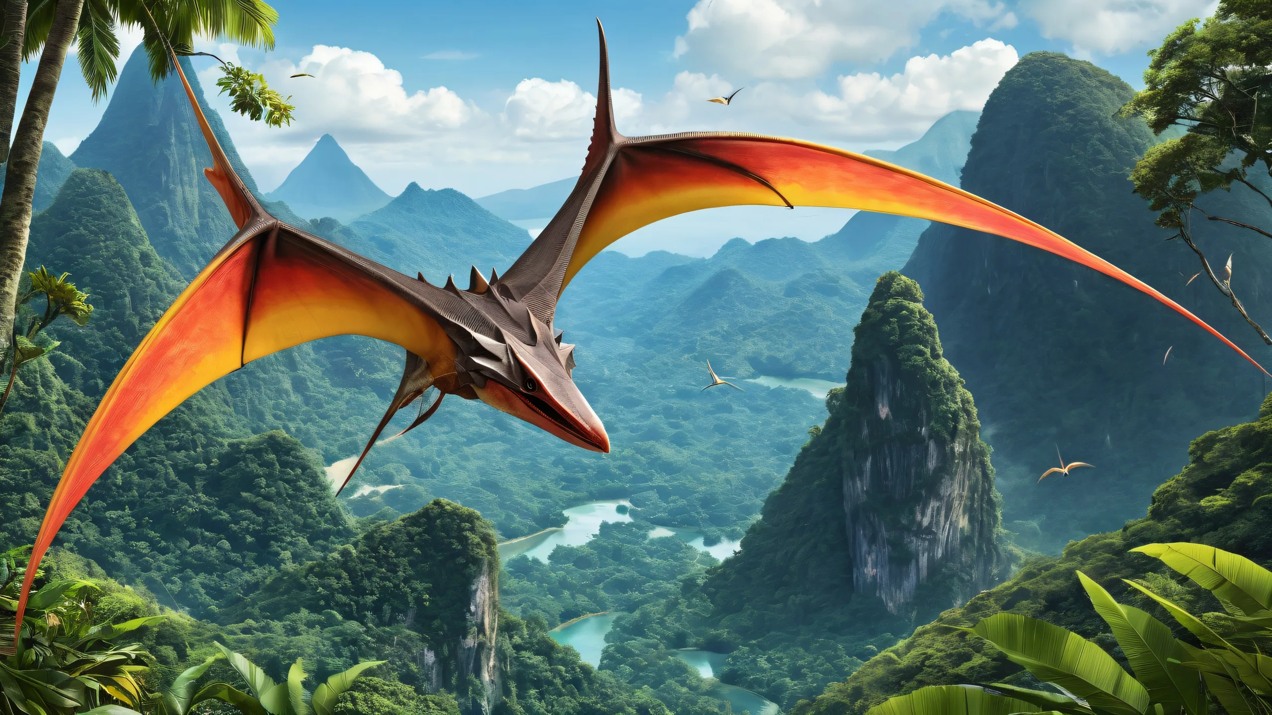 A stunning desktop image of a pteranodon head set against a vast, pure void of ancient jungle, with subtle hints of volcanic activity in the background. Suitable for Desktop/PC.