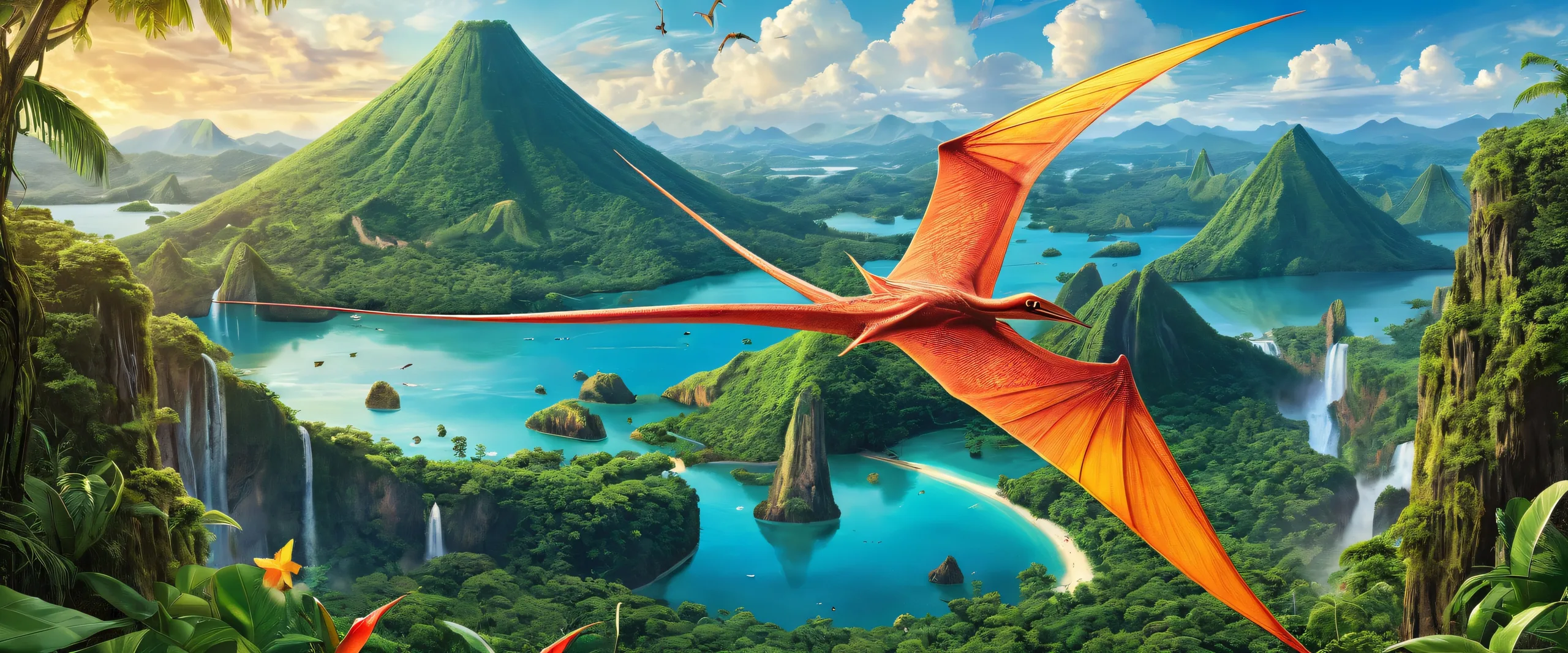 A majestic pteranodon soaring above a desktop with lush prehistoric jungles and an active volcano in the background, perfect for PCs and laptops.