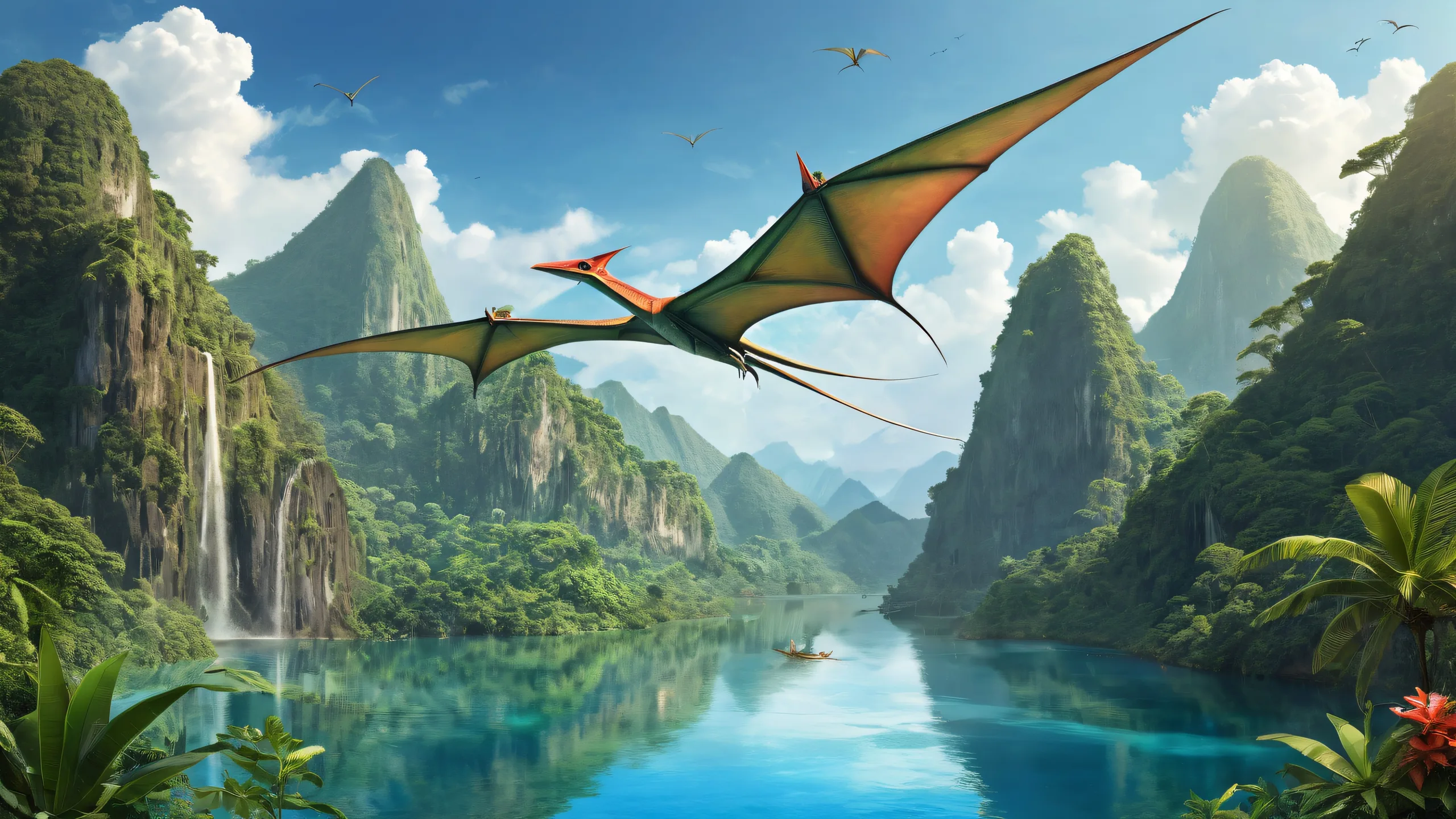 A breathtaking desktop wallpaper of a Pteranodon soaring through a pristine void amidst lush prehistoric jungles and a distant volcano, suitable for Desktop/PC.