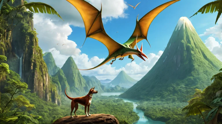 Desktop/PC wallpaper featuring a pteranodon with dog head soaring through a prehistoric jungle with volcano in the background, perfect for macOS enthusiasts.