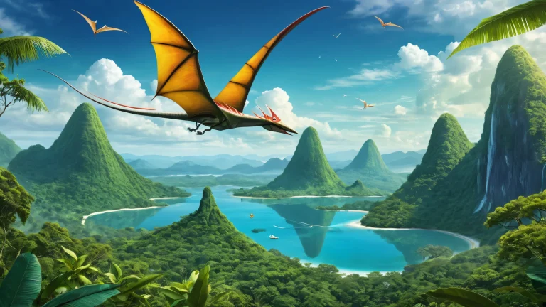 Pteranodon soars over a vast pure void with Pringles, jungle scenery and volcano in the distance, suitable for desktop/PC use