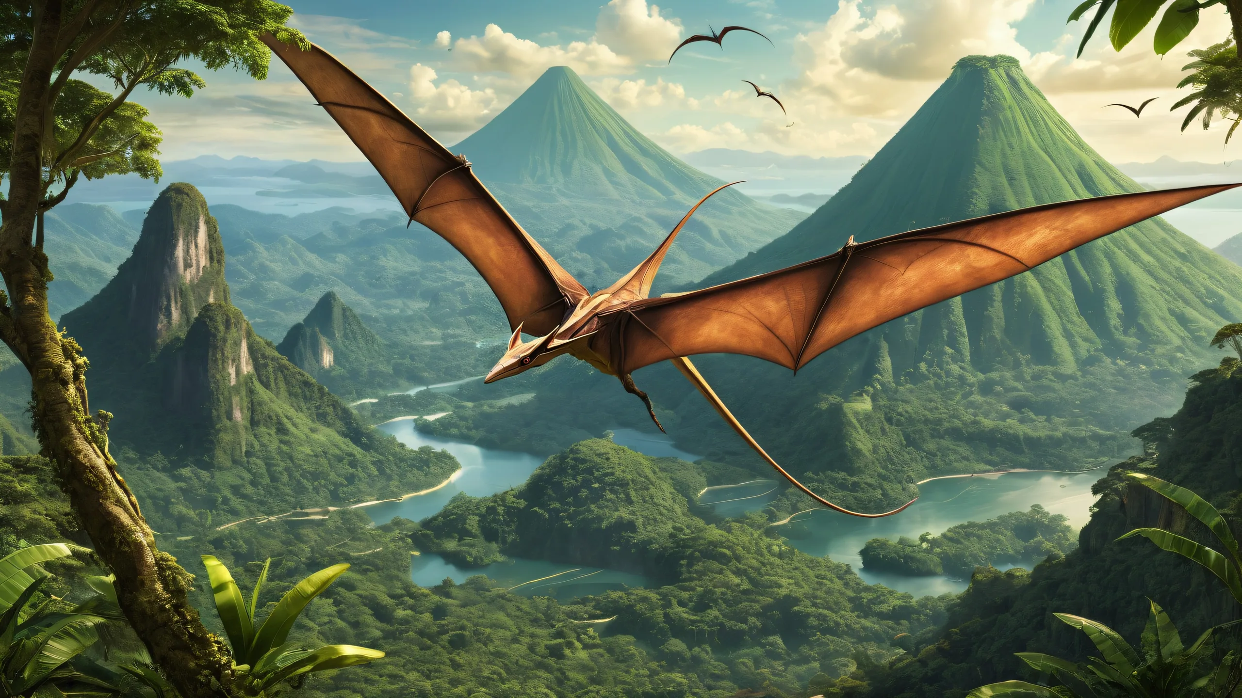 Desktop/PC background featuring a majestic pteranodon soaring over lush doistoric jungles and a distant volcano in an endless void.