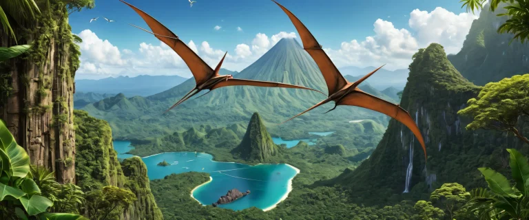 A majestic pteranodon soaring through the pure void of prehistoric jungles, set against a volcanic backdrop on a desktop/pc.