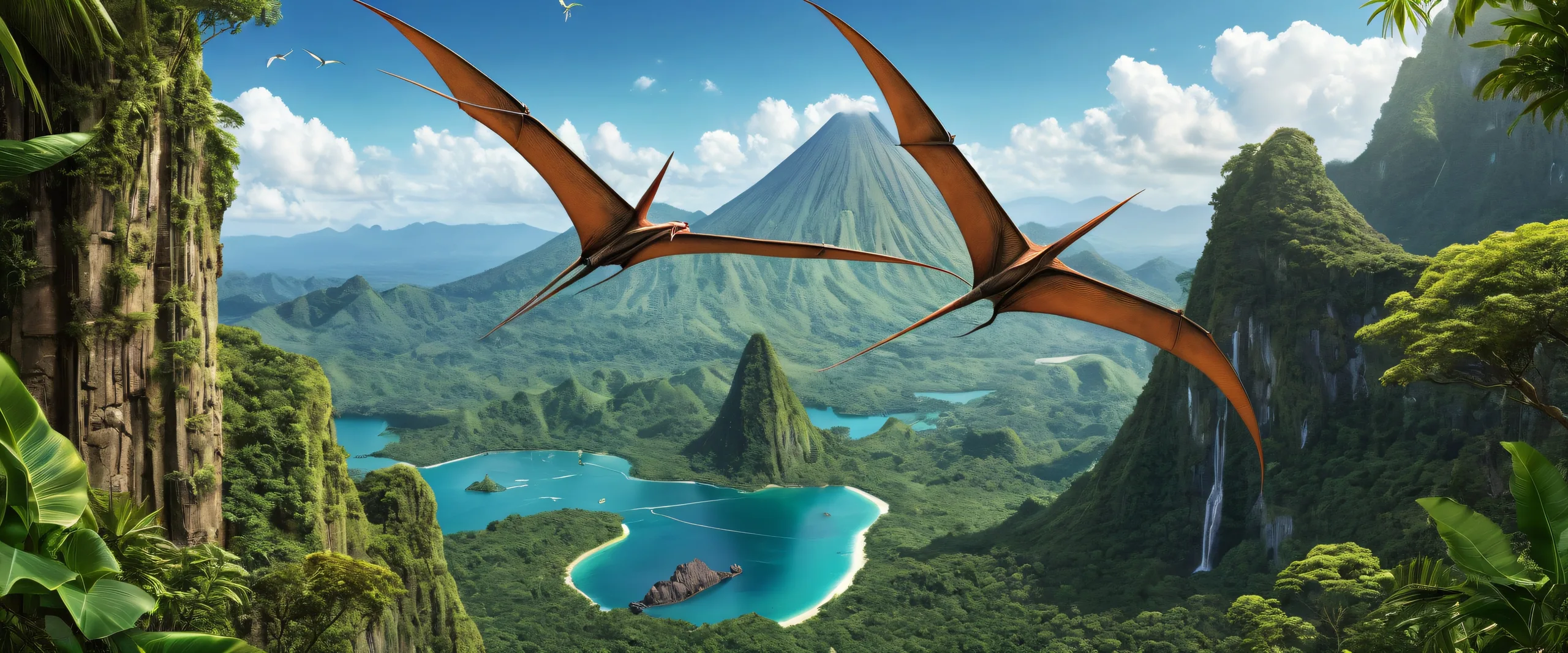 A majestic pteranodon soaring through the pure void of prehistoric jungles, set against a volcanic backdrop on a desktop/pc.