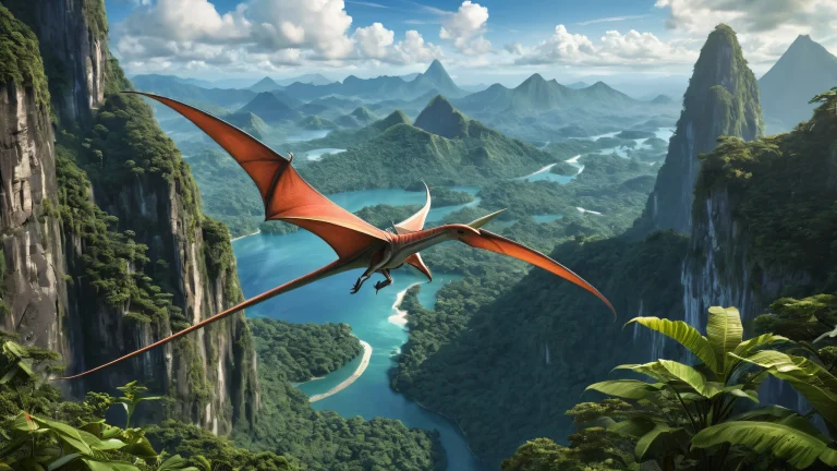 A stunning desktop image of a Pteranodon soaring over a pristine void with prehistoric jungle and volcano in the background, perfect for Desktop/PC