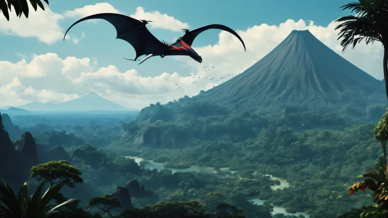 Breathtaking desktop wallpaper of a pteranodon soaring through ancient jungles with a distant volcano, set against a pure void backdrop. Perfect for desktop/PC use.