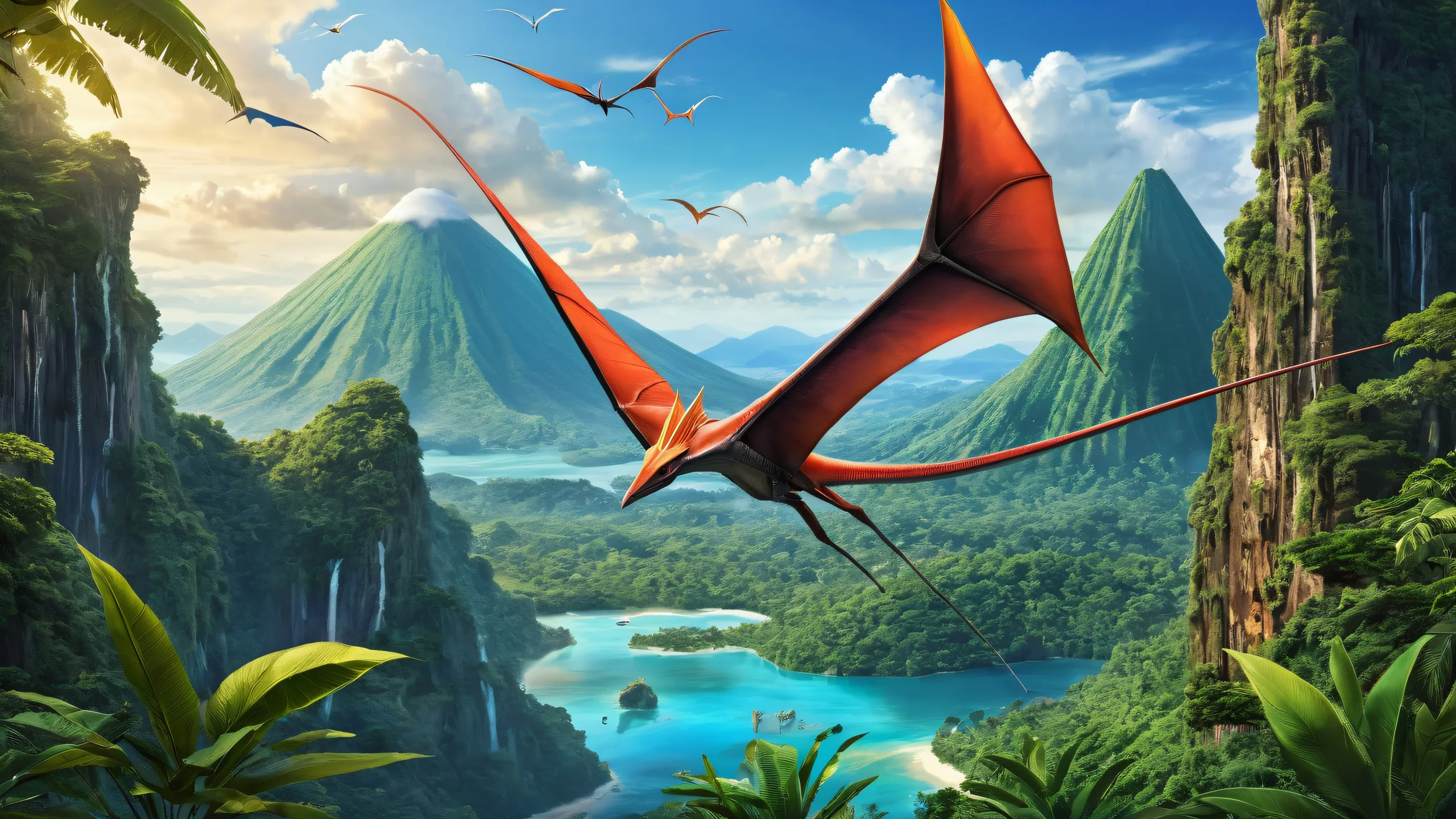 Ancient jungle with volcano in the background on a pure void, perfect for desktop/pc screens.