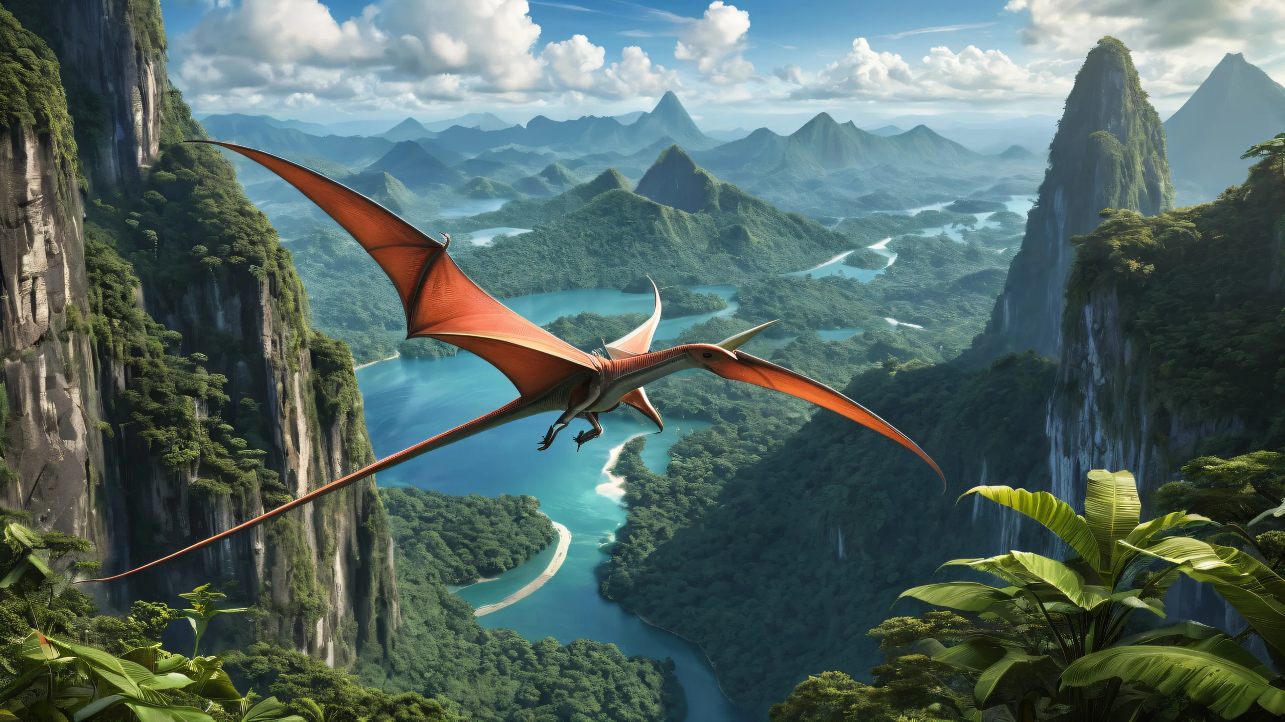 A stunning desktop image of a Pteranodon soaring over a pristine void with prehistoric jungle and volcano in the background, perfect for Desktop/PC
