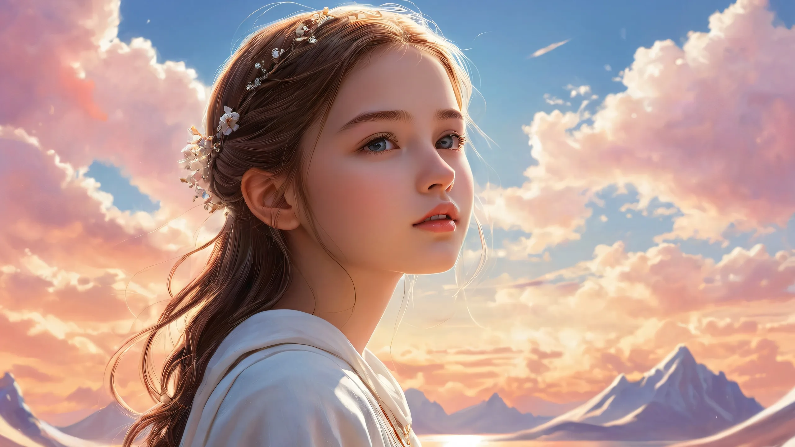 A serene and isolated girl against a vast, pure void background for desktop/pc use.