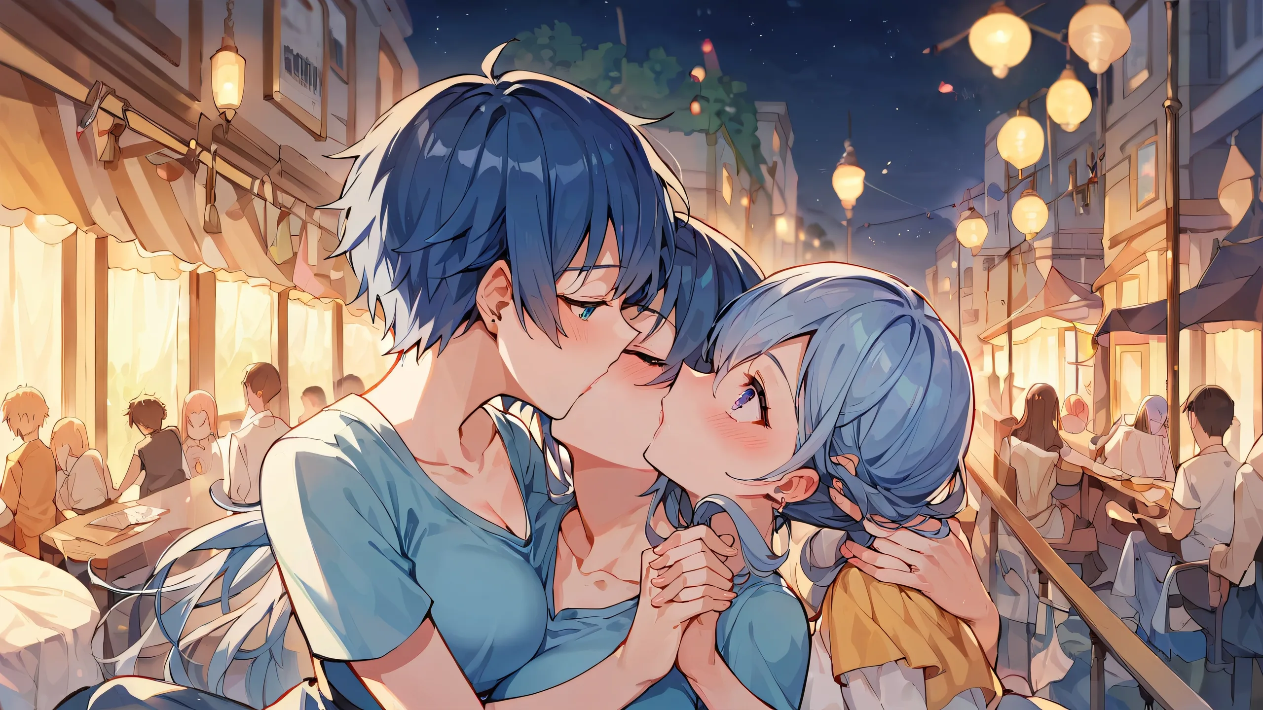 A serene night scene featuring two anime girls with purple eyes embracing in a vast, pure void against deep black skies, suitable for Desktop/PC use.