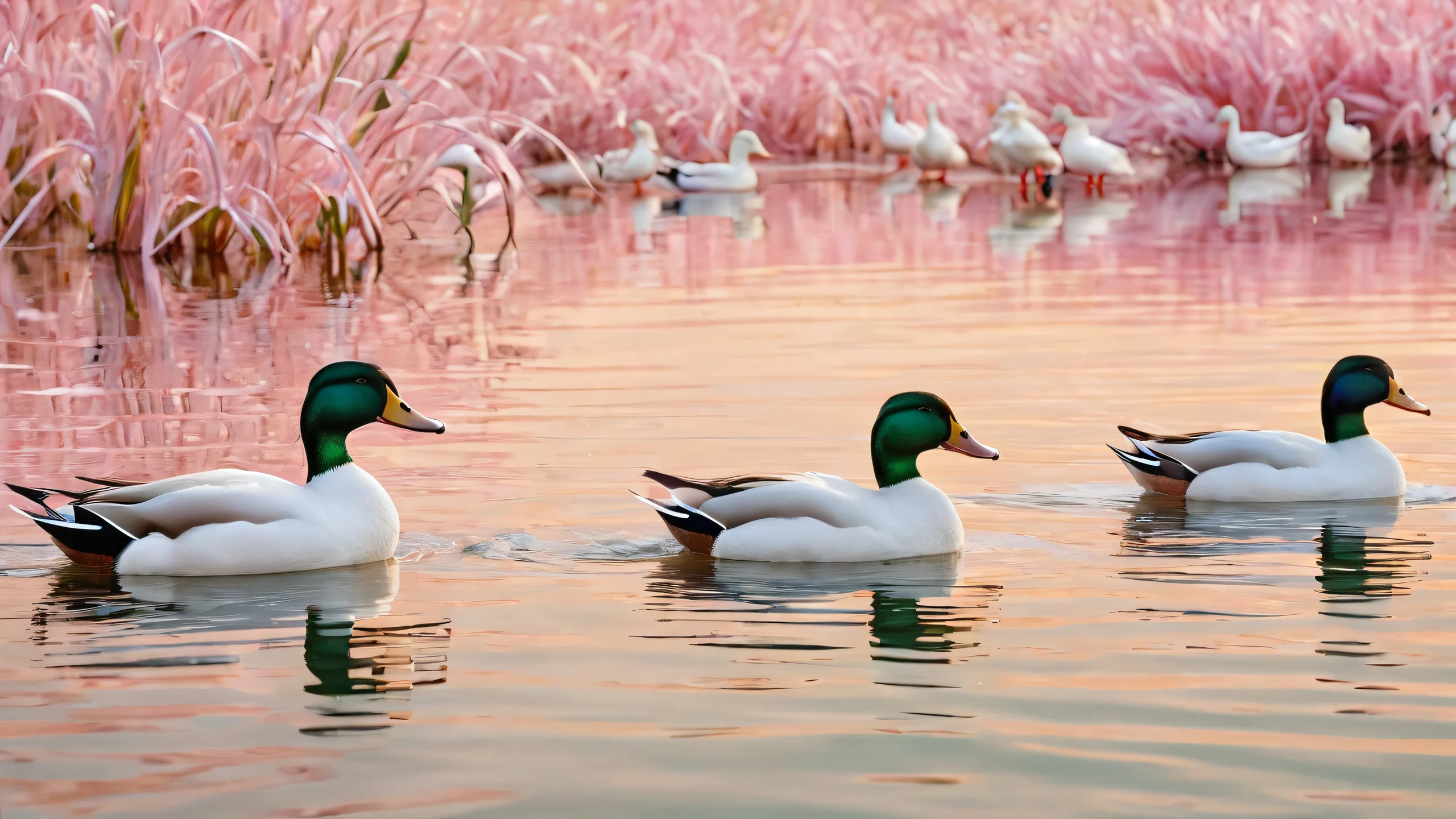 Quacking Masterpiece Aesthetic PC Wallpaper A serene desktop scene featuring ducks in a vast, pure void with extreme depth of field and realistic textures. Suitable for Desktop/PC screens.