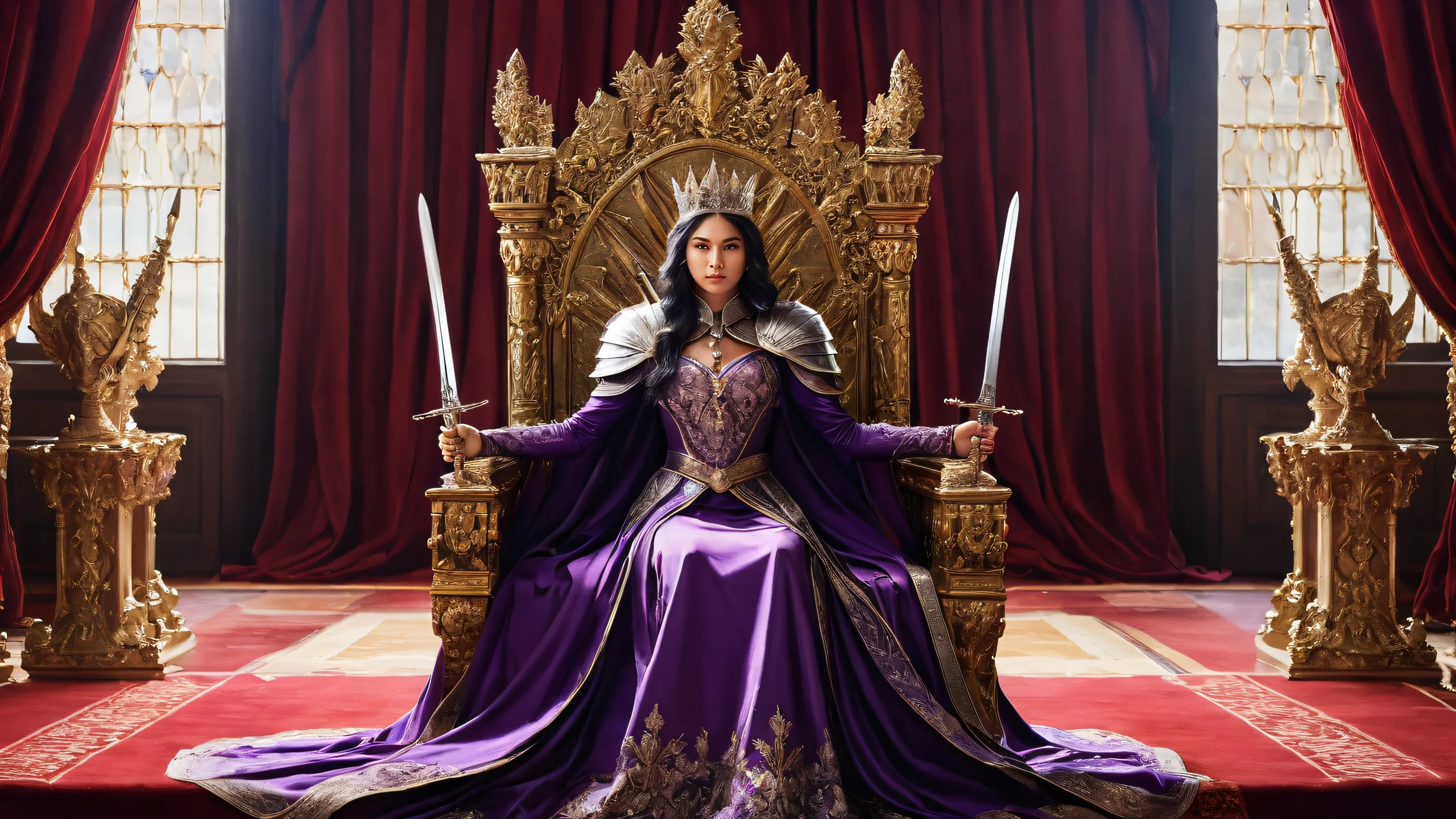 Queen Marika sitting and holding sword in a throne room on a desktop/pc with curtains, for screen readers