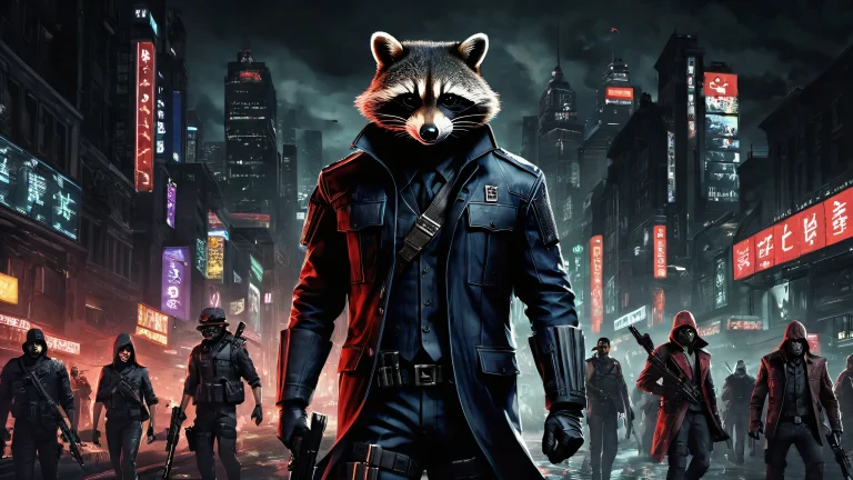 Video game characters set against a dark and desolate landscape of Raccoon City on a desktop or PC.