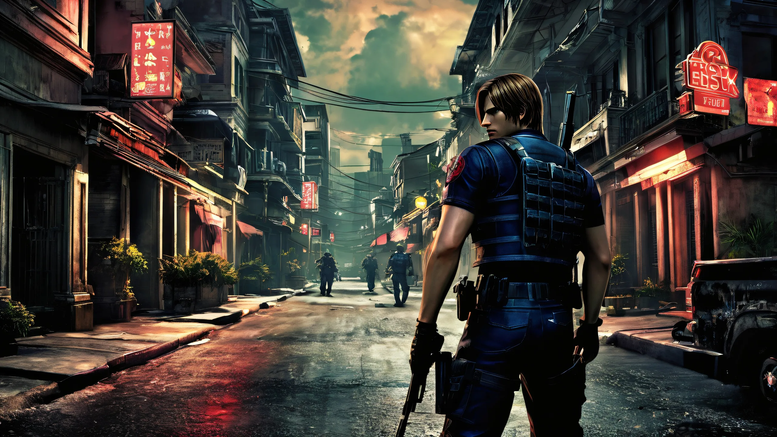 Leon Kennedy amidst Raccoon City's desolate streets on a desktop/pc.