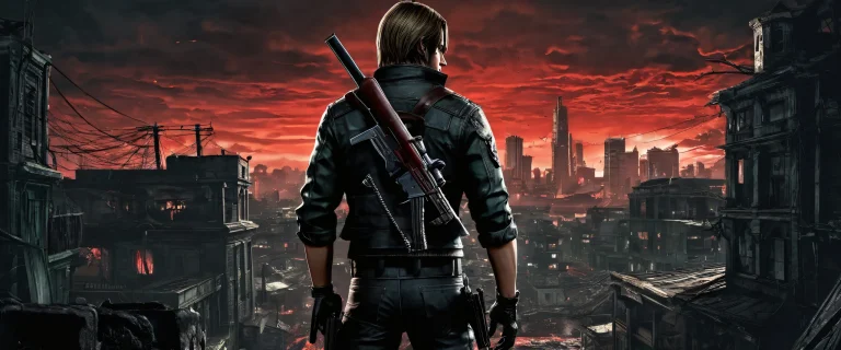 Leon Kennedy amidst a vast, dark, and gritty void on a desktop/PC with ethereal lighting.