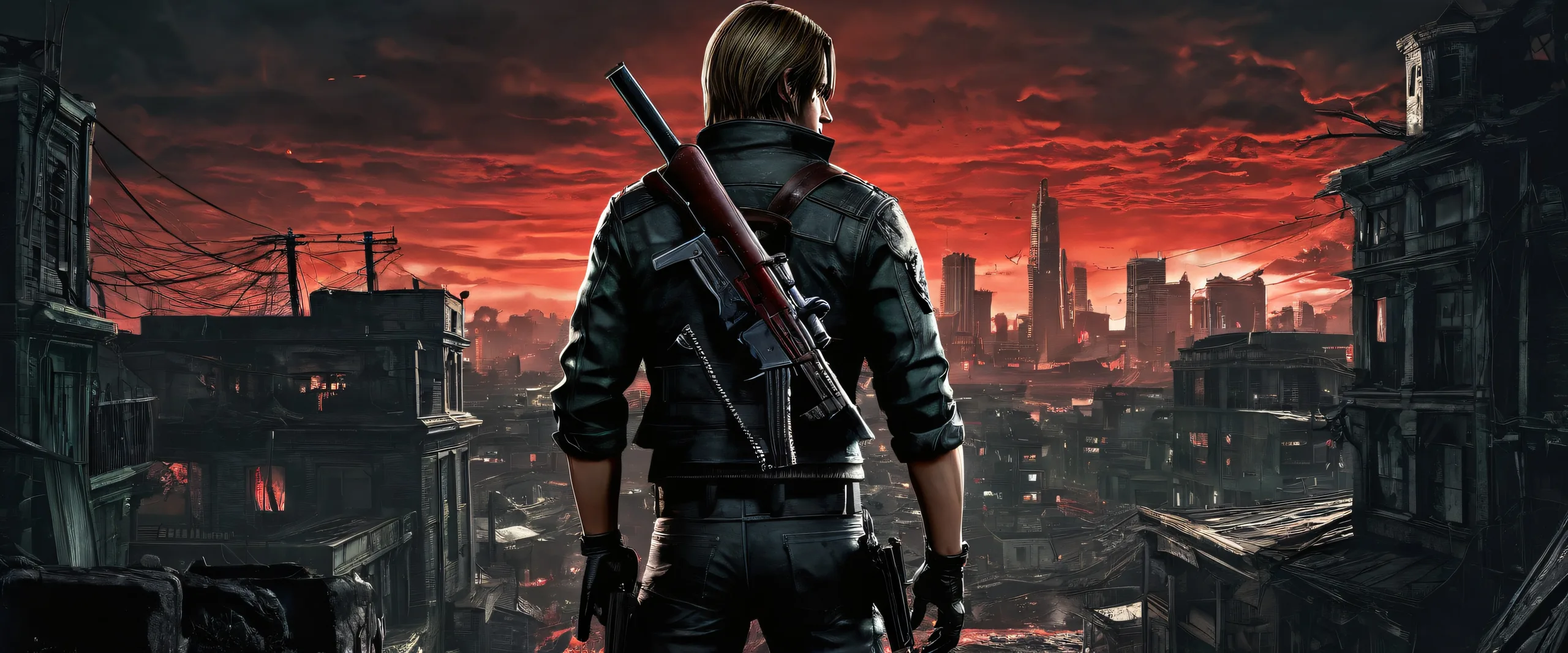 Leon Kennedy amidst a vast, dark, and gritty void on a desktop/PC with ethereal lighting.