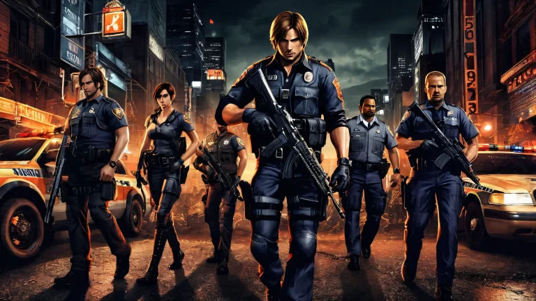 Leon Kennedy and RCPD characters in a dark setting, perfect for desktop/pc screens.