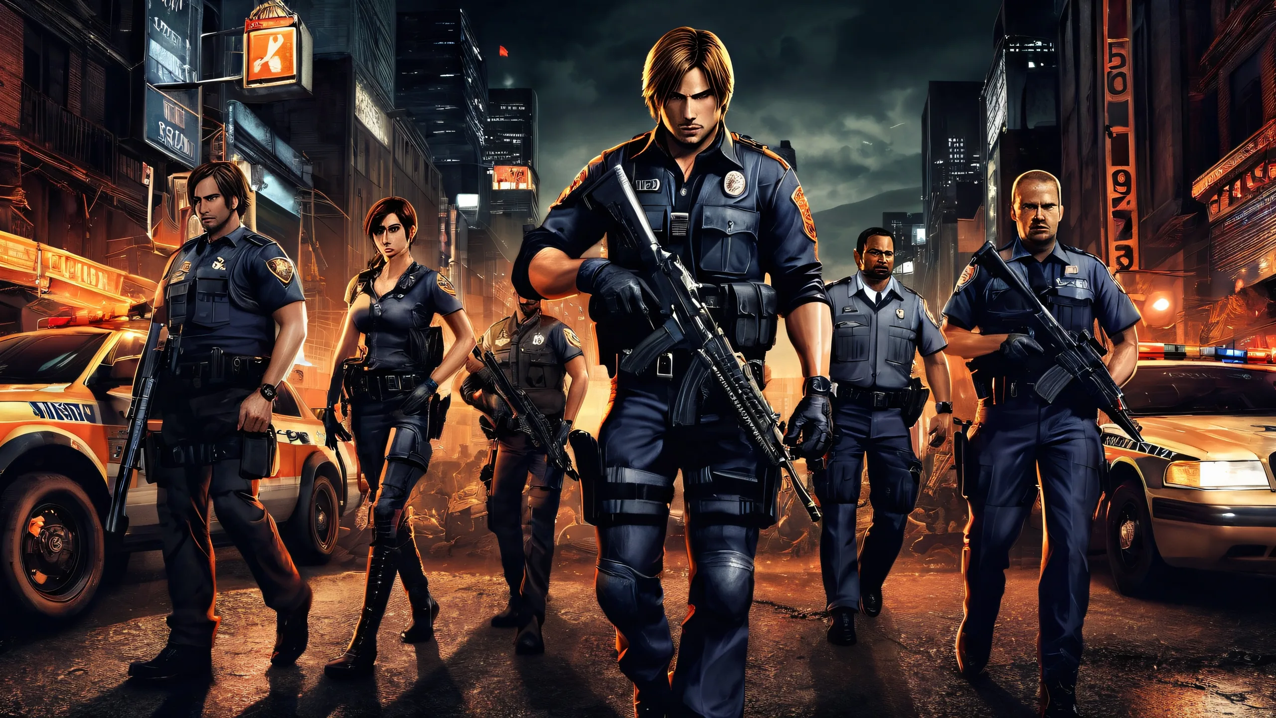 Leon Kennedy and RCPD characters in a dark setting, perfect for desktop/pc screens.