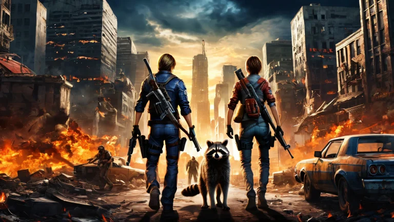 A desktop wallpaper of Leon Kennedy and video game characters in a post-apocalyptic Raccoon City with remnants of civilization, suitable for Desktop/PC.