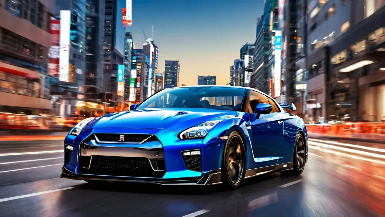 A Nissan GT-R desktop wallpaper with a cityscape at the horizon for Desktop/PC.