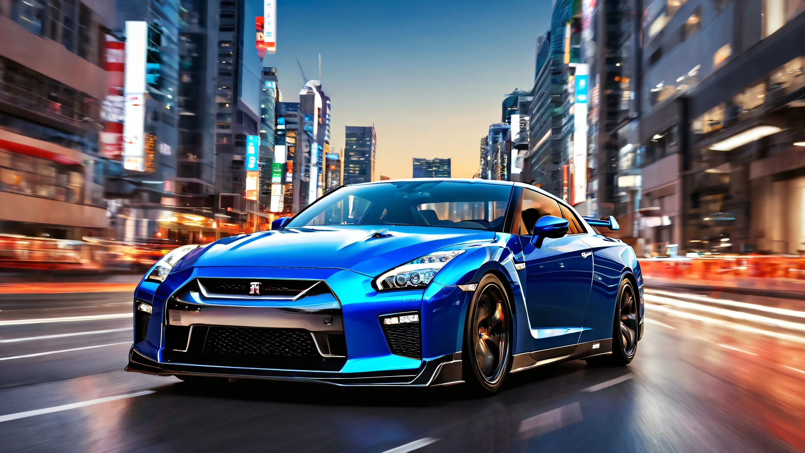 Ultra HD Racing Elegance at Dusk Wallpaper A Nissan GT-R desktop wallpaper with a cityscape at the horizon for Desktop/PC.
