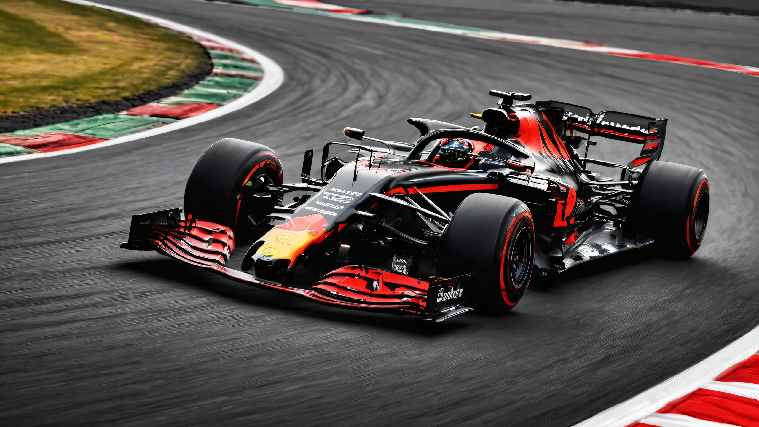 Formula 1 vehicle on a black desktop/pc background with deep depth of field and luminescent accents for high visual impact.