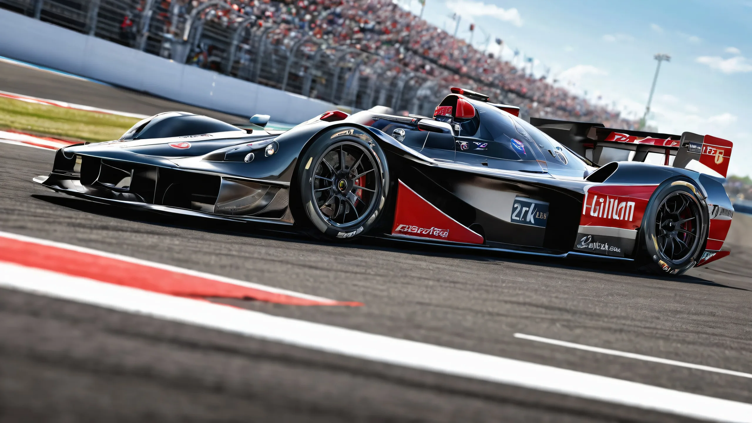 Immersive desktop scene of racing cars against a pristine void with extreme depth of field, suitable for Desktop/PC use.