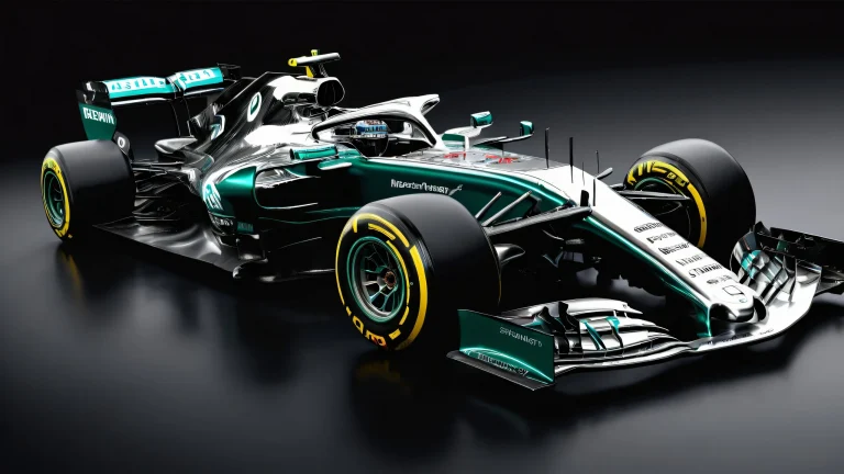 Formula 1 Car on a pristine desktop/PC background with perfect depth of field, metallic silver and deep racing green colors