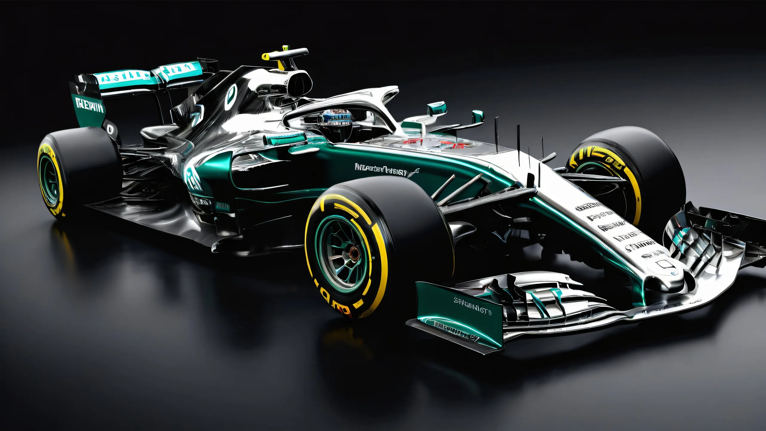 Formula 1 Car on a pristine desktop/PC background with perfect depth of field, metallic silver and deep racing green colors