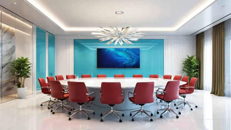 A clean and modern conference room on a pure void background for desktop/PC use.