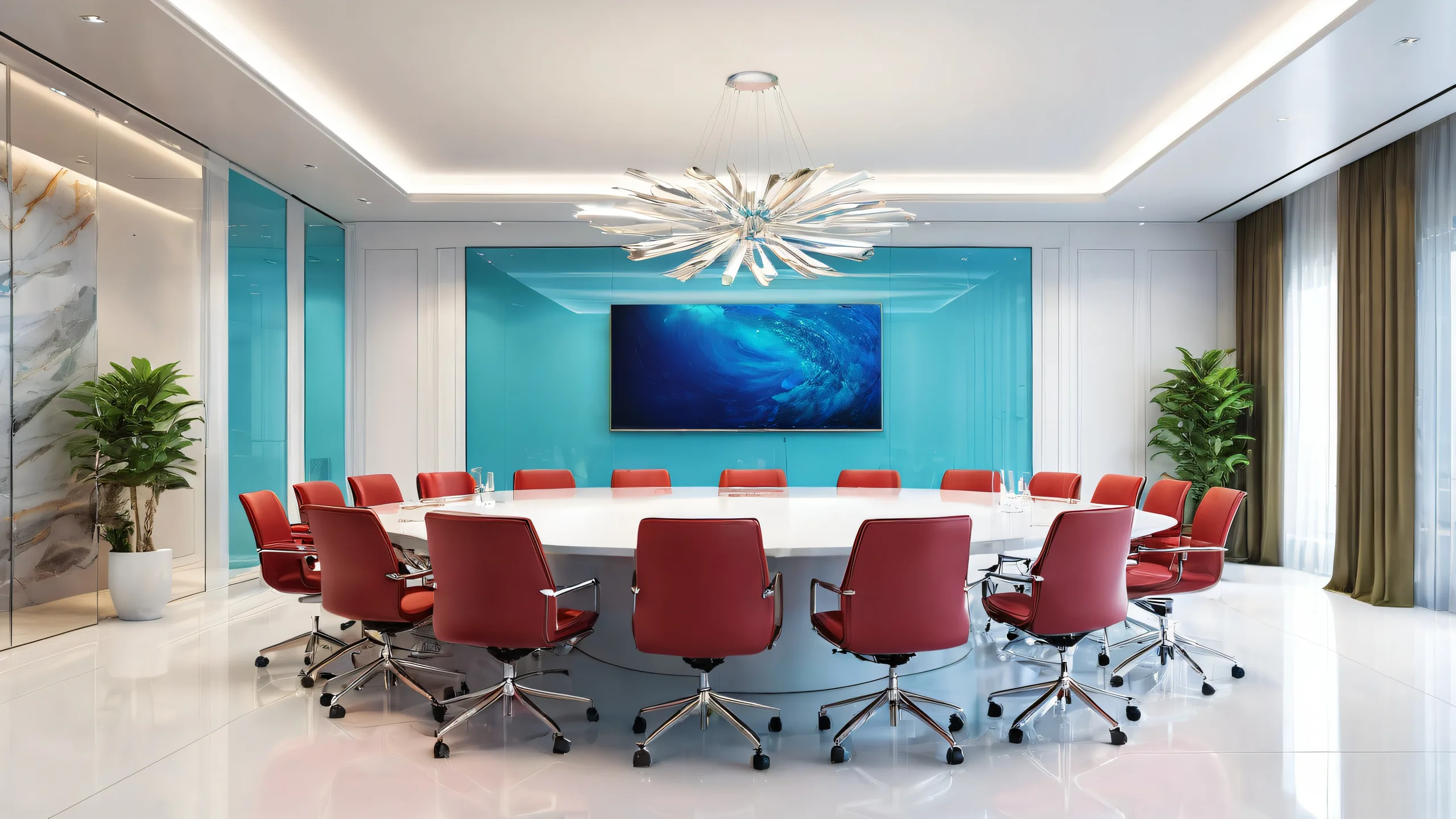 A clean and modern conference room on a pure void background for desktop/PC use.