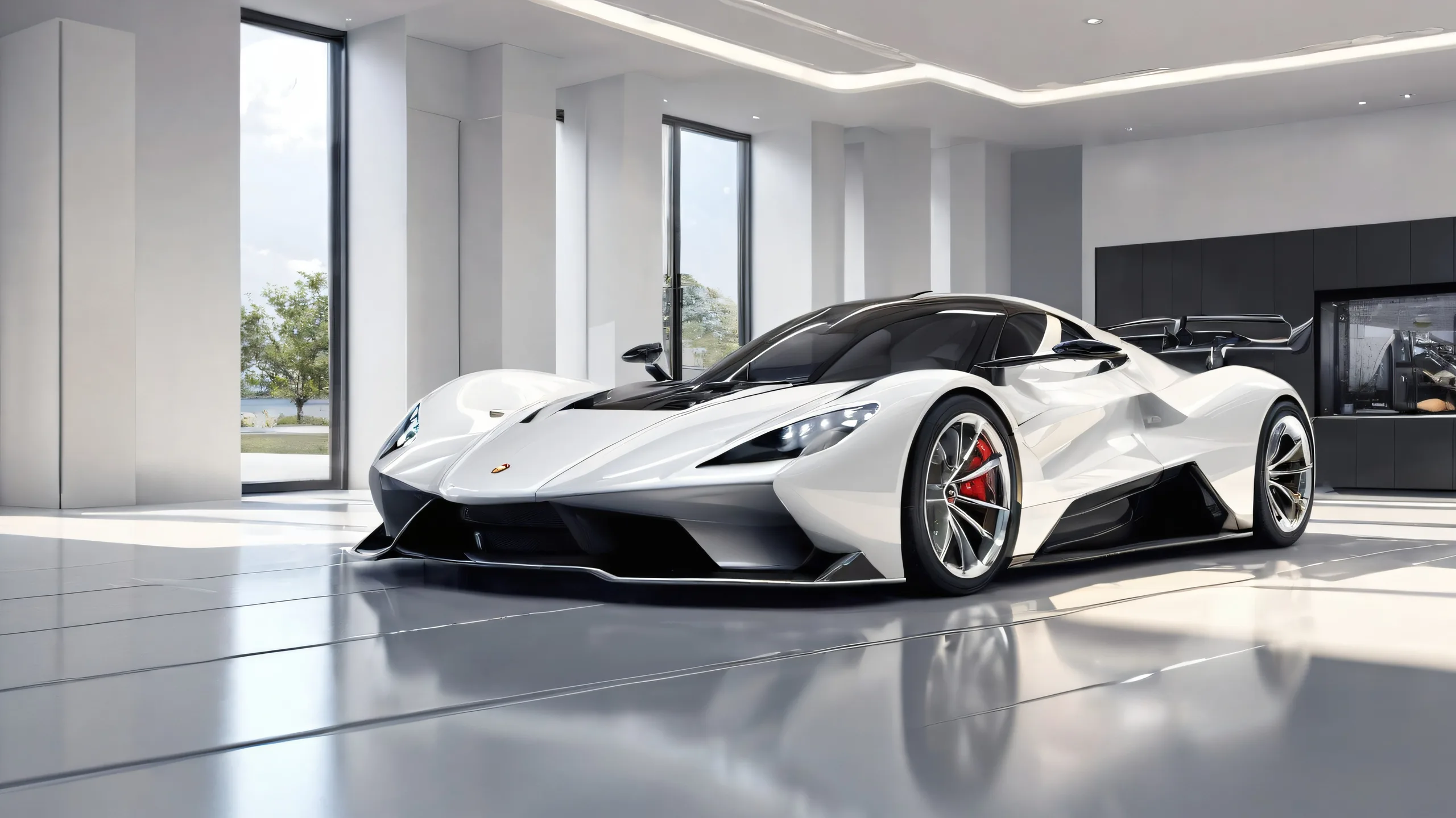 A serene and airy desktop scene of a perfectly clean garage interior against a vast pure void, ideal for those seeking a bright and modern atmosphere on their Desktop/PC.