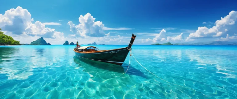 Award-winning desktop wallpaper featuring a breathtaking boat scene on a clear blue void with ethereal lighting and ray-traced reflections for a PC or Desktop.