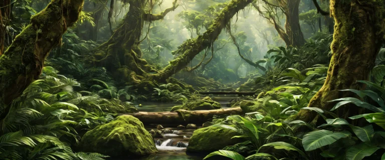 A serene and lush jungle scene for desktop use, perfect for a PC or laptop, with vibrant green foliage and natural light filtering through the trees.
