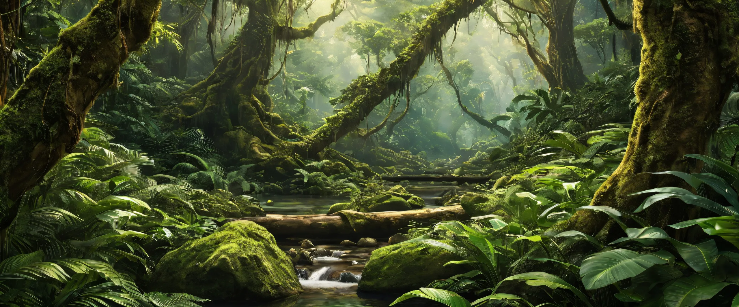 A serene and lush jungle scene for desktop use, perfect for a PC or laptop, with vibrant green foliage and natural light filtering through the trees.