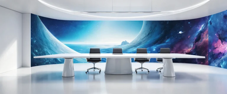 A stunning desktop wallpaper of a collaboration space with a pure void background and subtle conference table shadows for Desktop/PC