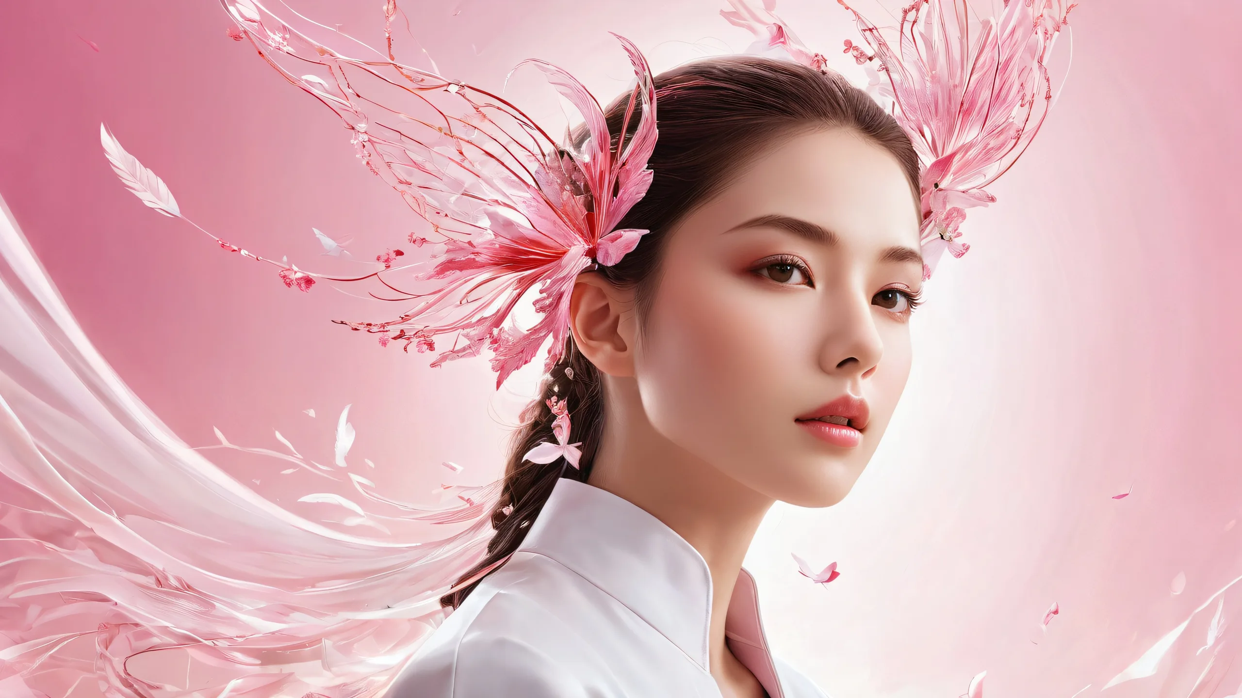 A serene fantasy desktop scene of a woman against a vast pure void, perfect for contemplation and relaxation on your PC or Desktop.