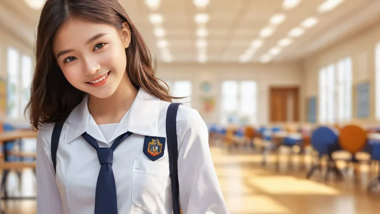 A friendly schoolgirl smiles at the viewer on a pristine desktop background.