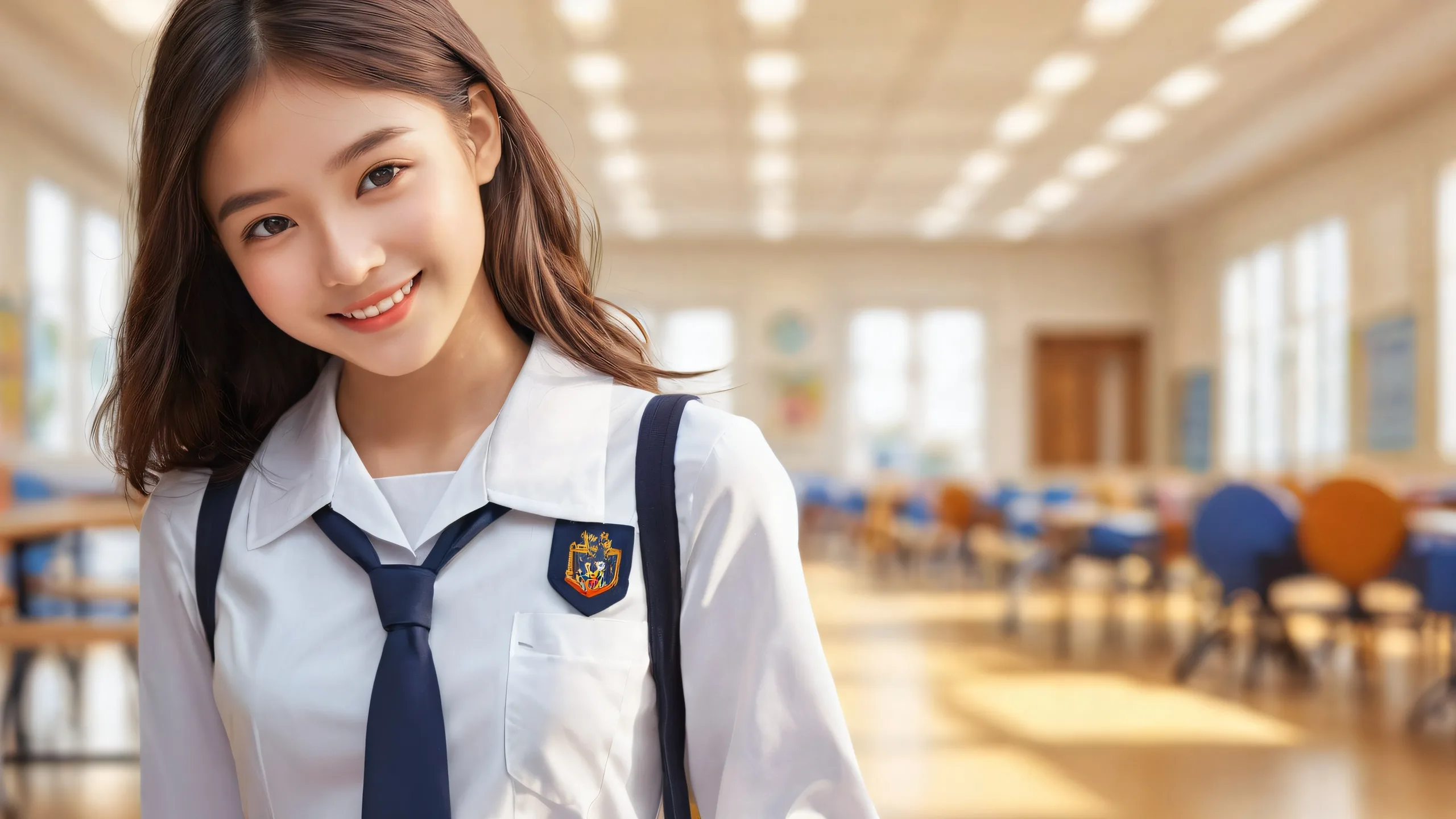 A friendly schoolgirl smiles at the viewer on a pristine desktop background.