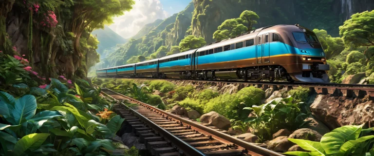 A majestic train journey across a pristine void with lush plants and ethereal lighting for your desktop/PC.