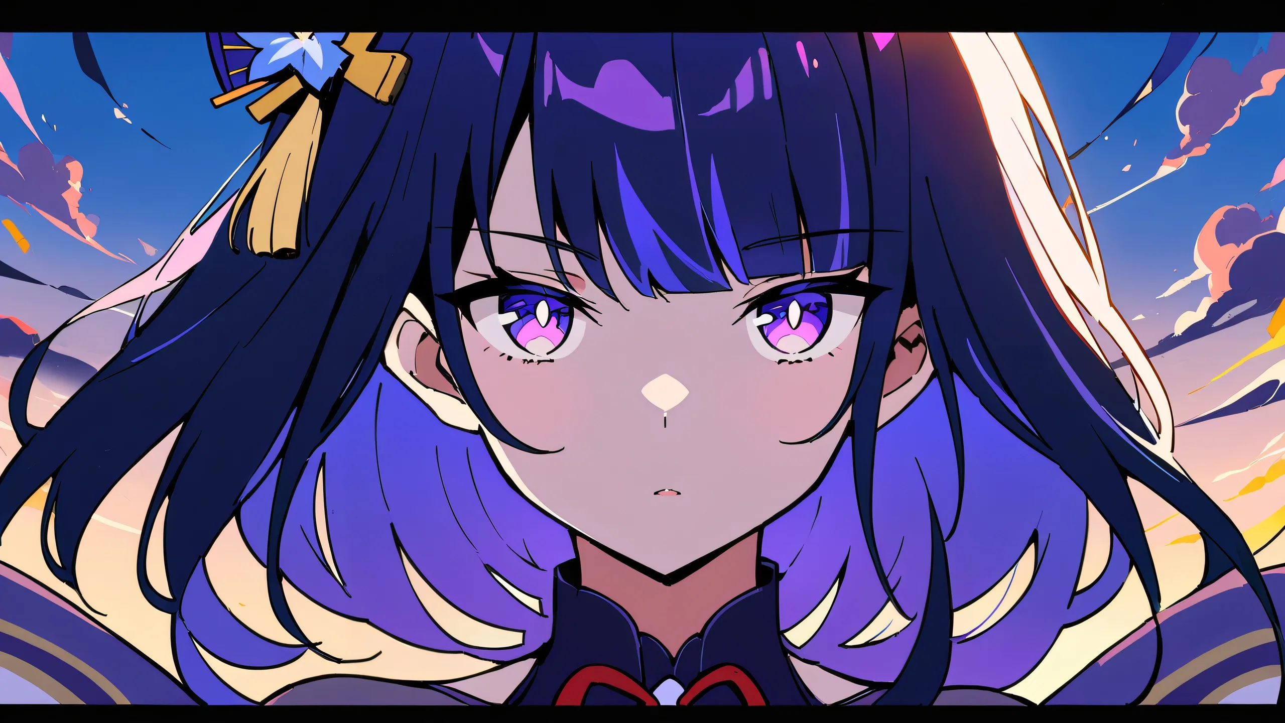 A serene Raiden Shogun stands on a perfectly clean vast pure void, looking directly at the viewer from a highly detailed and aesthetic masterpiece. Suitable for desktop or PC.