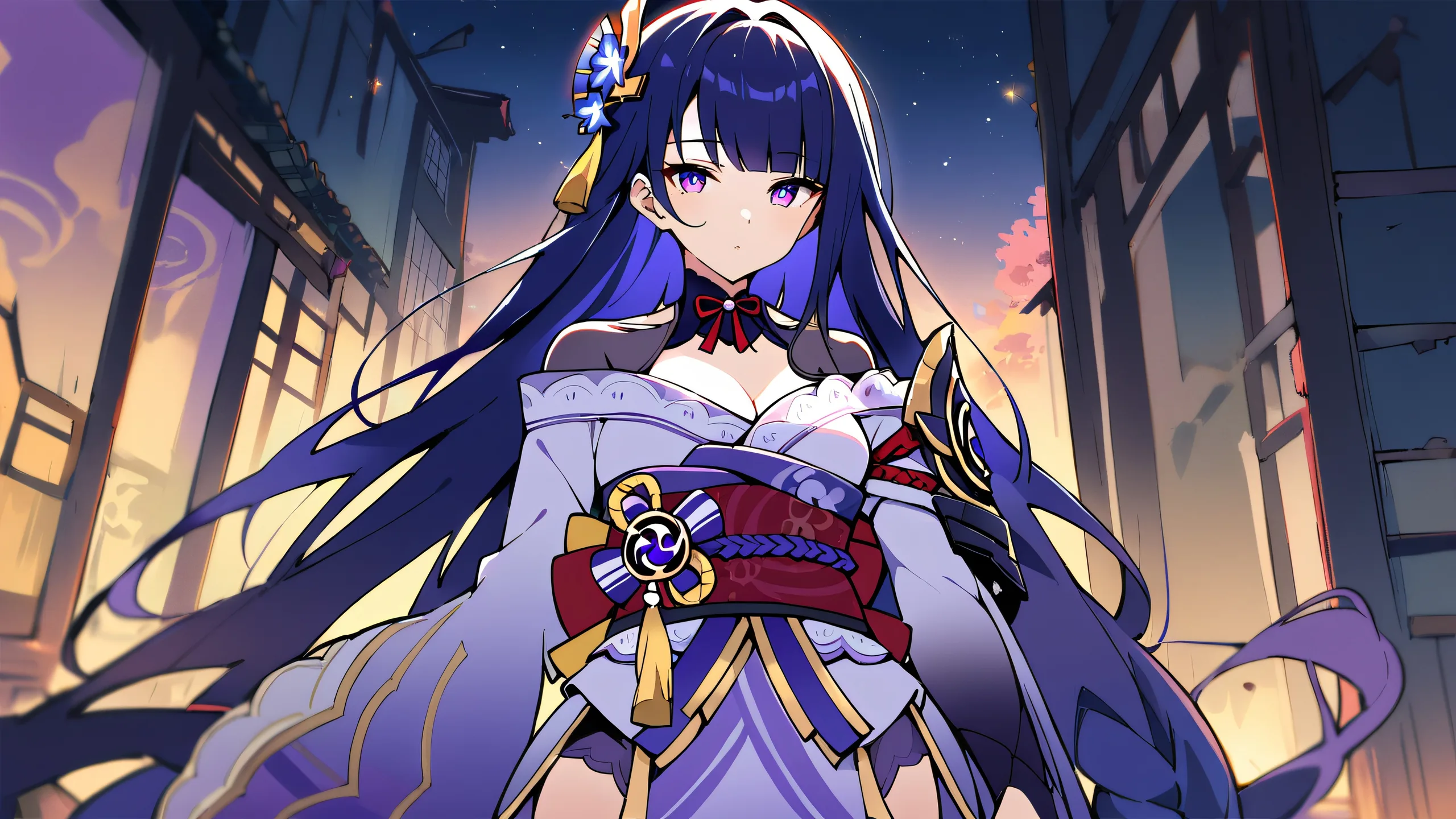 A beautifully designed image of Raiden Shogun looking directly at the viewer from a vast, pure void with daylight and alleyway scenery in the background for Desktop/PC use.