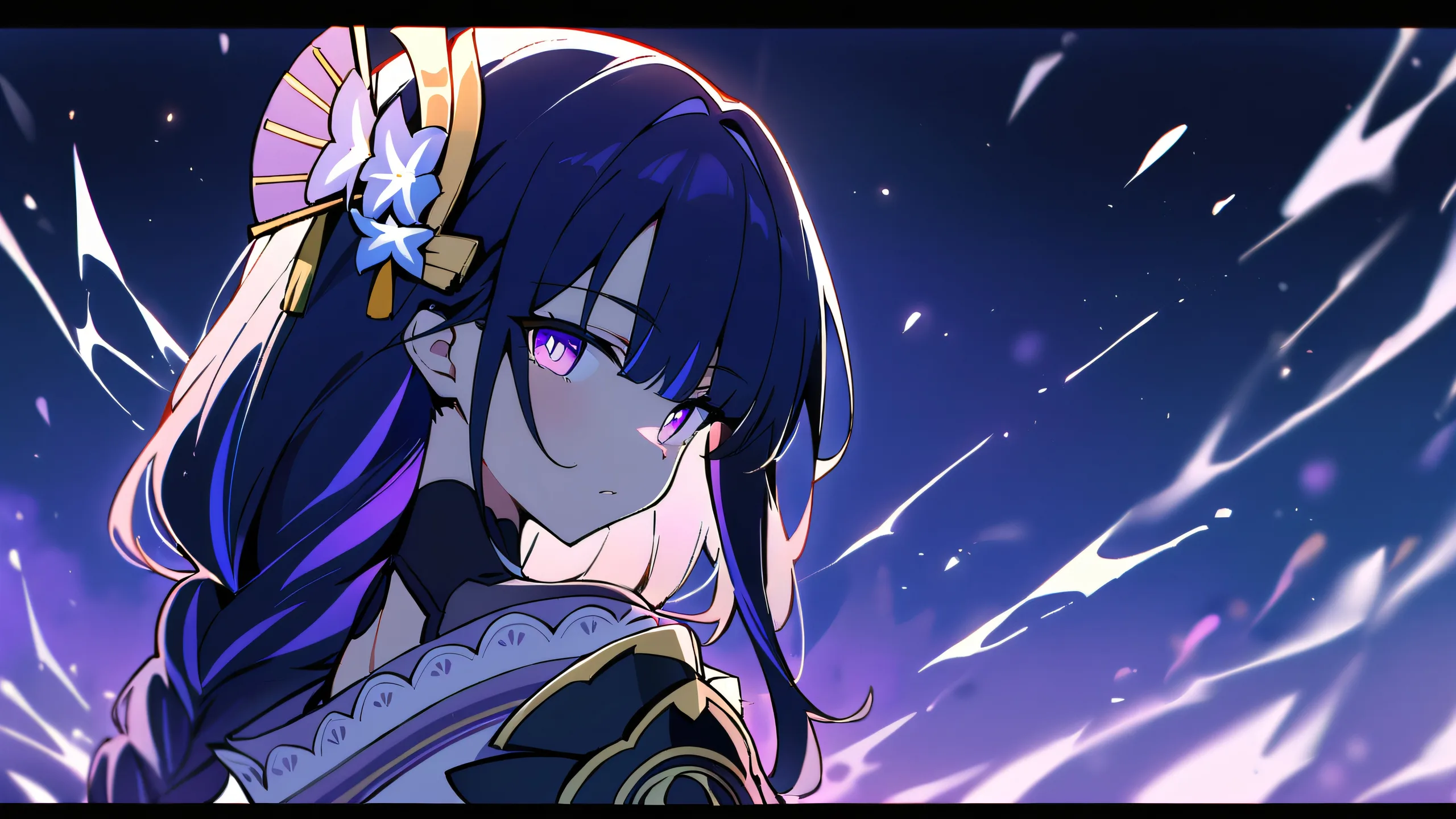 A serene scene of Raiden Shogun gazing out at the viewer from a perfectly clean and vast pure void, suitable for a desktop or PC.