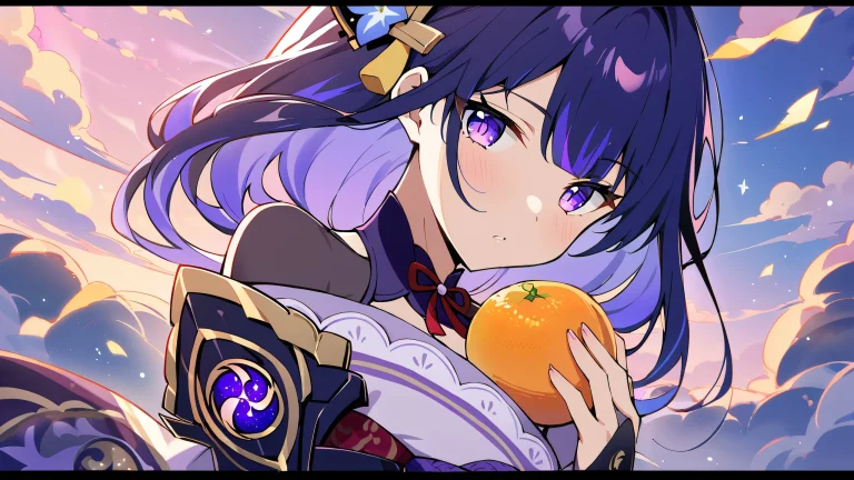 A solo Raiden Shogun from Genshin Impact gazes at the viewer amidst a breathtaking sunset glow on a perfectly clean and vast pure void, with extreme depth of field showcasing sunlight and clouds.