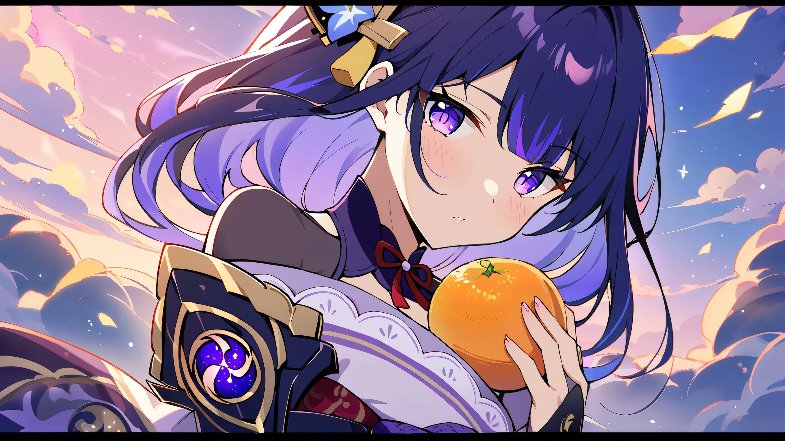 A solo Raiden Shogun from Genshin Impact gazes at the viewer amidst a breathtaking sunset glow on a perfectly clean and vast pure void, with extreme depth of field showcasing sunlight and clouds.